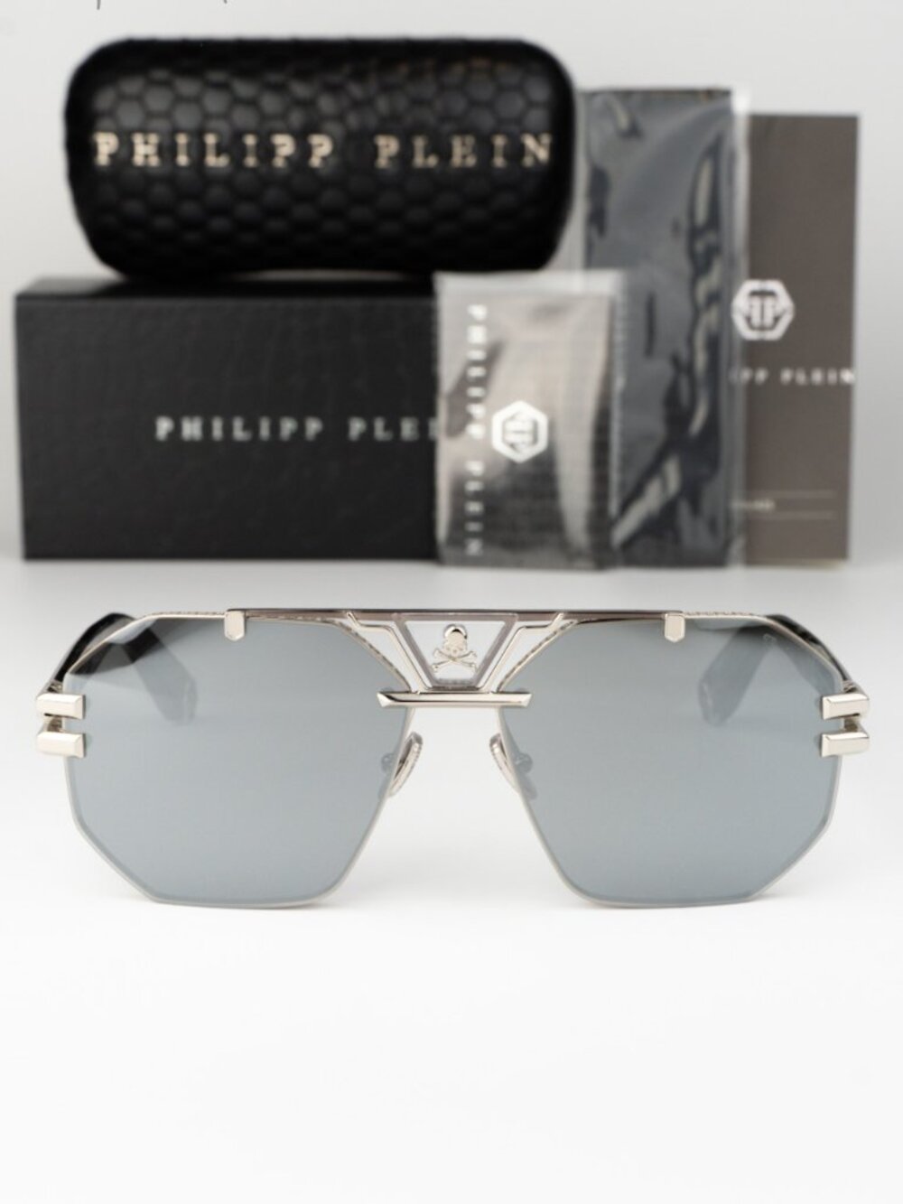 Philipp Plein Men Sunglasses Palladium Grey Silver Mirror Pilot SPP077V 523X NEW